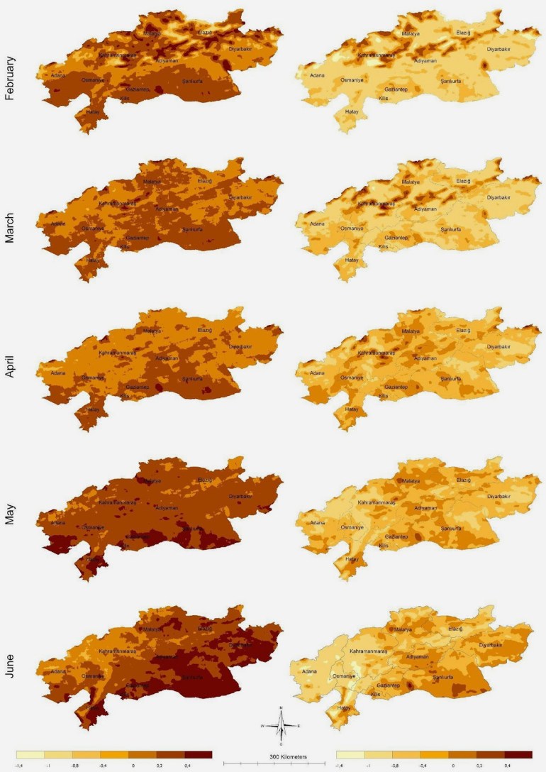 تظهر الصورة أعلاه مؤشر الهباء الجوي "أريسول إندكس" والملتقط عبر القمر الصناعي "سنتينل 5 بي”، تمثل الأشكال في جانب الصورة الأيمن متوسط كل شهر بين أعوام 2019 و 2022، بينما تمثل الأشكال في جانب الصورة الأيسر القيم المقابلة في عام 2023.