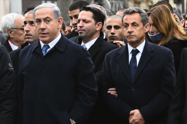 (L-R) EU Commission President Jean-Claude Juncker, Israeli PM Benjamin Netanyahu, former French President Nicolas Sarkozy, his wife Carla Bruni-Sarkozy and Mali President Ibrahim Boubacar Keita during a silent march against terrorism in Paris, France on January 11, 2015. Several European heads of state joined the manifestation to express their solidarity following the recent terrorist attacks in France and to commemorate the victims of the attack on French satirical weekly Charlie Hebdo and a kosher supermarket in Paris.