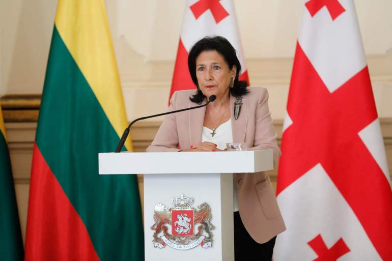 GEORGIA-BALTICS-ICELAND-POLITICS-DIPLOMACY Georgian President Salome Zurabishvili attends a joint press conference with foreign ministers of the Baltics and Iceland following their talks in Tbilisi on May 15, 2024. RESTRICTED TO EDITORIAL USE - MANDATORY CREDIT "AFP PHOTO / Georgian presidential press service" - NO MARKETING NO ADVERTISING CAMPAIGNS - DISTRIBUTED AS A SERVICE TO CLIENTS (Photo by Handout / GEORGIAN PRESIDENTIAL PRESS SERVICE / AFP) / RESTRICTED TO EDITORIAL USE - MANDATORY CREDIT "AFP PHOTO / Georgian presidential press service" - NO MARKETING NO ADVERTISING CAMPAIGNS - DISTRIBUTED AS A SERVICE TO CLIENTS DATE 15/05/2024 SIZE x Country GEO SOURCE AFP/HANDOUT