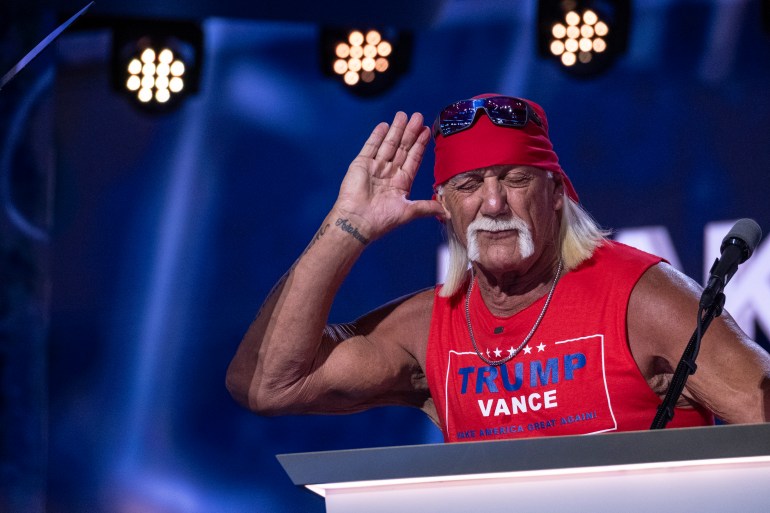 MILWAUKEE, WISCONSIN - JULY 18: Hulk Hogan makes an appearance at Fiserv Forum on July 18, 2024, on the final day of the Republican National Convention in downtown Milwaukee, Wis. Former President Donald Trump is set to be named the Republican presidential nominee during the RNC after he was injured by a bullet in an assassination attempt on July 13 during a campaign rally in Butler, Pa. (Photo by Joel Angel Juarez for The Washington Post via Getty Images)