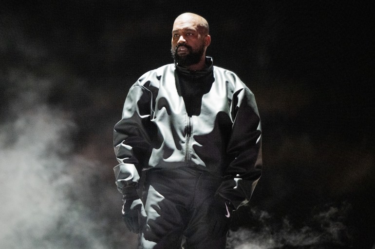 INGLEWOOD, CALIFORNIA - MARCH 14: Rapper Kanye West performs onstage during the "Vultures 1" playback concert during Rolling Loud 2024 at Hollywood Park Grounds on March 14, 2024 in Inglewood, California. (Photo by Scott Dudelson/Getty Images)