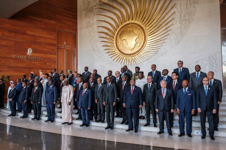 (From L, first row): Palestinian Prime Minister Mohammad Shtayyeh, Republic of Congo's President Denis Sassou Nguesso, Ethiopias Prime Minster Abiy Ahmed, Senegal's President of Senegal and outgoing Chairperson of the African Union (AU) Macky Sall, Moussa Faki Mahamat, Chairperson of the AU Commission, President of the Comoros and newly elected Chairperson of the AU Azali Assoumani, President of Rwanda Paul Kagame, Djibouti´s President Ismail Omar Guelleh, United Nation's Secretary-General Antonio Guterres, Gabon's President Ali Bongo Ondimba, Mauritania's President Mohamed Ould Ghazouani, (second row, from L): Chad president Mahamat Idriss Deby Itno, President of the Democratic Republic of the Congo Felix Tshisekedi, Ghana's President Nana Akufo-Addo (not seen), Nigerian President Muhammadu Buhari, Namibia's President Hage Gottfried Geingob, Mozambique President Filipe Jacinto Nyusi, Guinea-Bissau's President Umaro Sissoco Embalo, Angola's President Joao Lourenço, Cabo Verde's President Jose Maria Neves, South African President Cyril Ramaphosa, the Deputy Head of the Presidential Council of Libya, Abdullah Al-Lafi, Madagascar's President Andry Rajoelina, Arab League's Secretary-General, Ahmed Aboul Gheit, (3rd row, from L): Eswatini's Prime minister Cleopas Dlamini (not seen), Central African Republic President Faustin-Archange Touadéra, Brahim Ghali, President of the Sahrawi Arab Democratic Republic (SARD), Somalia's President Hassan Sheikh Mohamud, Zimbabwean President Emmerson Mnangagwa, Botswana's President Mokgweetsi Masisi, Algerian president Abdelmadjid Tebboune, Sierra Leone President Julius Maada Bio, Kenyas President William Ruto, Lesothos Prime Minister Sam Matekane, among other African authorities pose for a group photo during the 36th Ordinary Session of the Assembly of the African Union (AU) in the city of Addis Ababa, Ethiopia, on February 18, 2023. (Photo by EDUARDO SOTERAS / AFP)