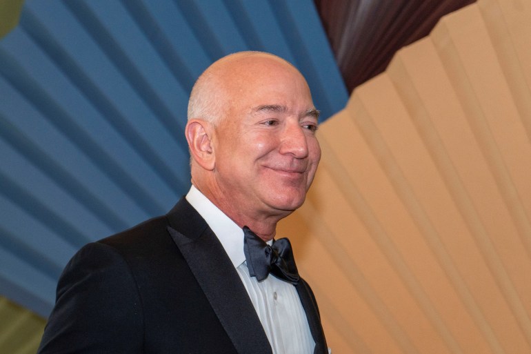 Amazon CEO Jeff Bezos arrives for an official State Dinner held by U.S. President Joe Biden in honor of Japanese Prime Minister Fumio Kishida at the White House in Washington, U.S., April 10, 2024. REUTERS/Bonnie Cash