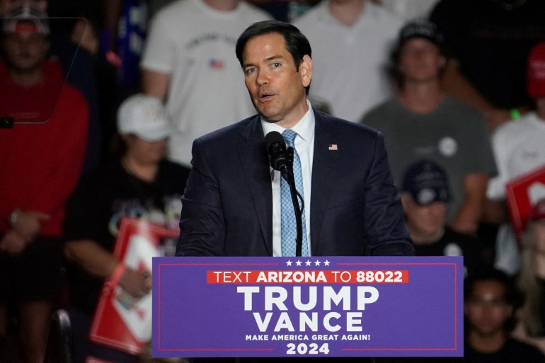 FILE PHOTO: U.S. Senator Marco Rubio (R-FL) speaks during the rally of then-Republican presidential candidate and former U.S. President Donald Trump, at Mullett Arena in Tempe, Arizona, U.S. October 24, 2024. REUTERS/Go Nakamura/File Photo