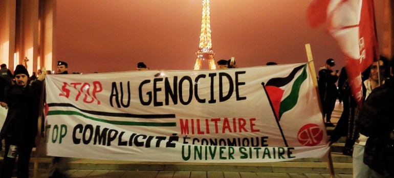 PARIS, FRANCE - NOVEMBER 7: Several hundred people gather to protest against a gala organized by "Israel is Forever" , following a call from several associations, including EuroPalestine, at the Trocadero in Paris, France on November 7, 2024. This event, scheduled for November 13, aims to raise funds for the Israeli army and will feature Israeli Finance Minister Bezalel Smotrich, a supporter of settlement expansion in the West Bank. ( Ümit Dönmez - Anadolu Agency )