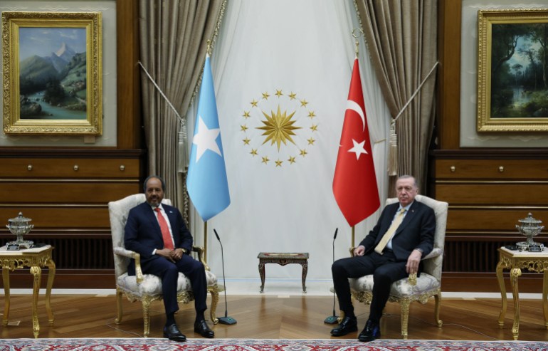 This handout photograph taken and released by the Turkish presidential press service on December 11, 2024, shows Turkish President Recep Tayyip Erdogan (R) greeting Somali President Hassan Sheikh Mohamud at the Presidential Palace in Ankara. - State media outlet Sonna said President Hassan Sheikh Mohamud "has departed for Ankara at the official invitation of President Recep Tayyip Erdogan" on December 10, 2024, ahead of talks aimed at solving a nearly year-old bitter dispute between Mogadishu and Addis Ababa. (Photo by Handout / TURKISH PRESIDENTIAL PRESS SERVICE / AFP) / RESTRICTED TO EDITORIAL USE - MANDATORY CREDIT "AFP PHOTO / TURKISH PRESIDENTIAL PRESS SERVICE" - NO MARKETING NO ADVERTISING CAMPAIGNS - DISTRIBUTED AS A SERVICE TO CLIENTS