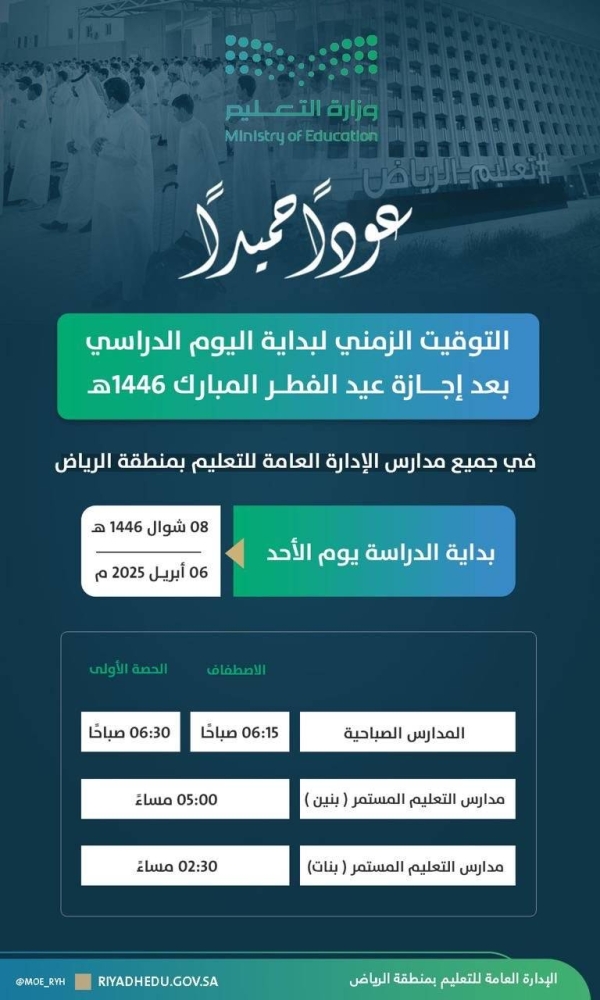 «تعليم الرياض»: استئناف التوقيت الصيفي.. غداً
